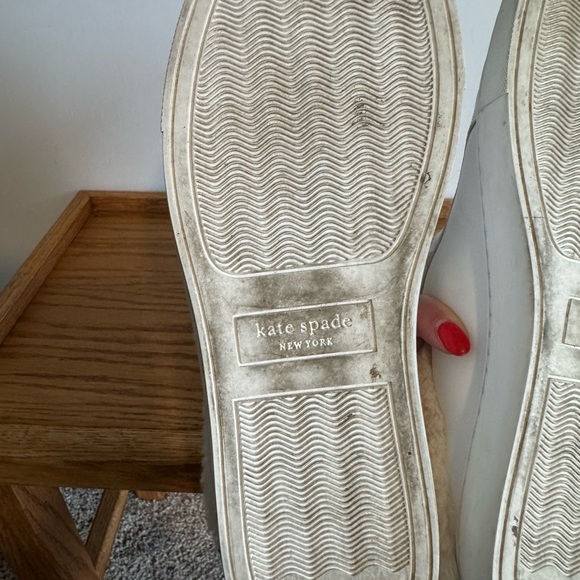 Kate Spade White and Tan Fur Lined Slip on Sneakers with Heart Accent - Picture 5 of 5